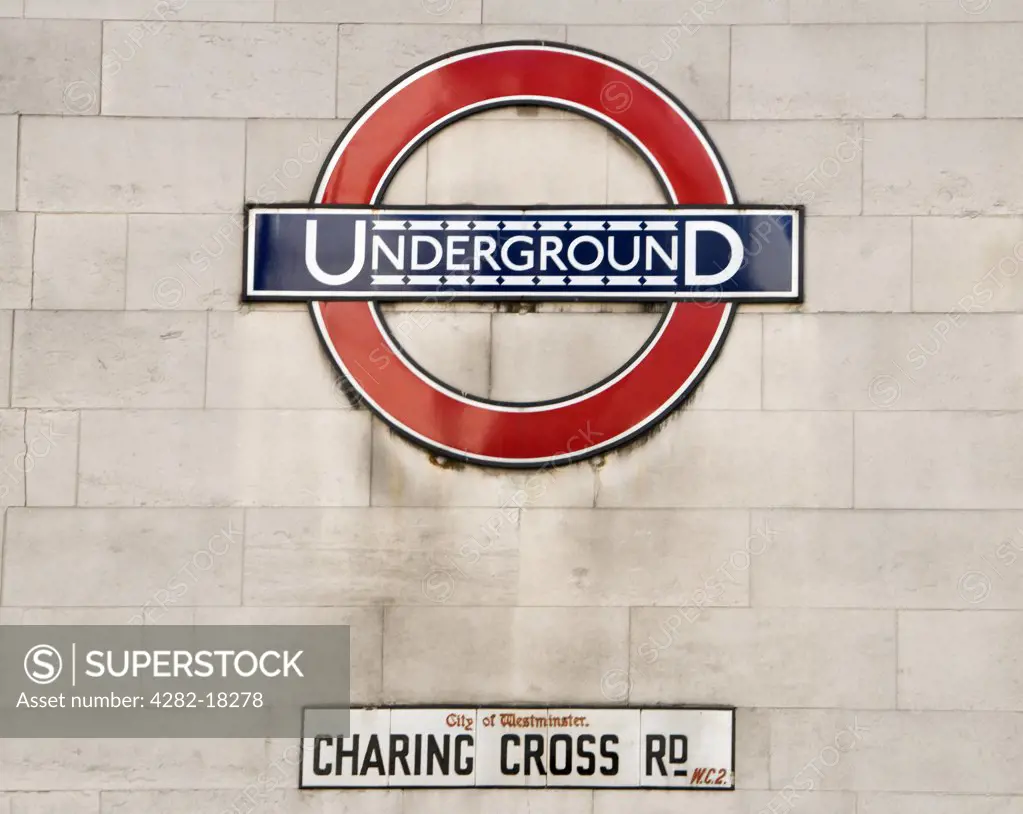 England, London, Charing Cross. London Underground sign at Charing Cross station in London.