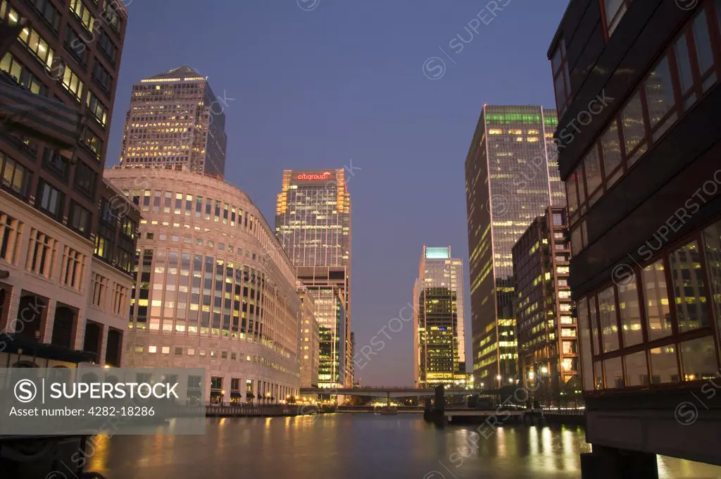England, London, Canary Wharf . Sunset at Canary Wharf the financial district of London.