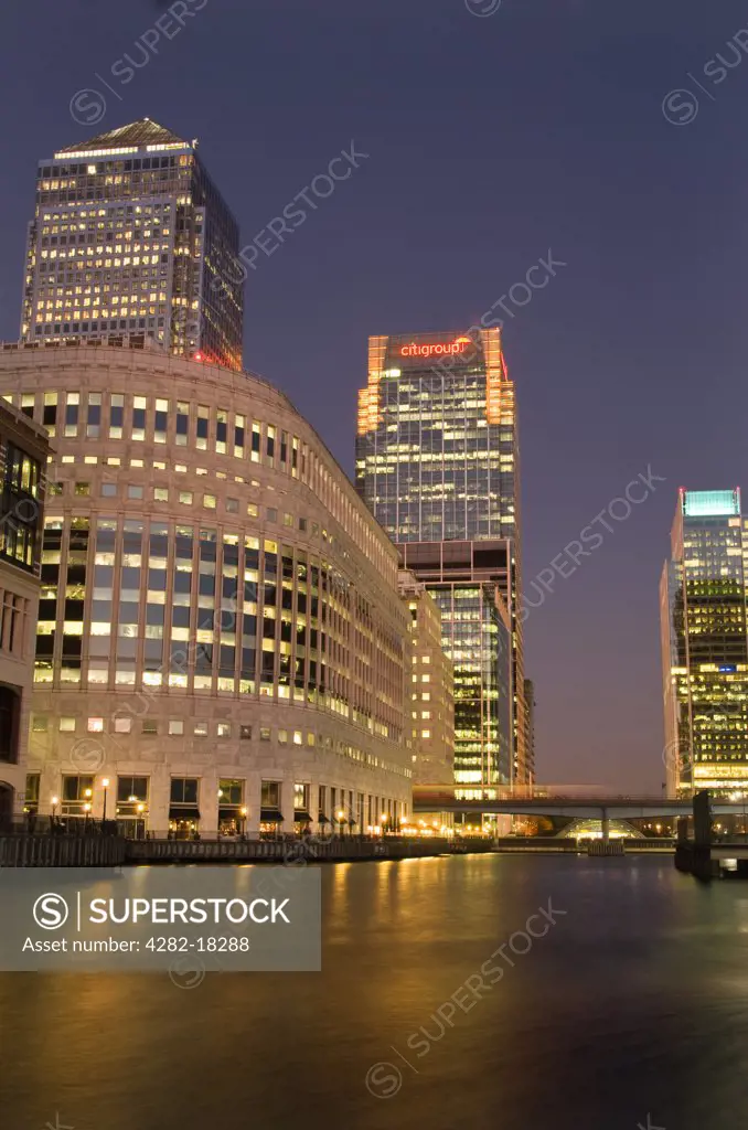 England, London, Canary Wharf . Sunset at Canary Wharf the financial district of London.