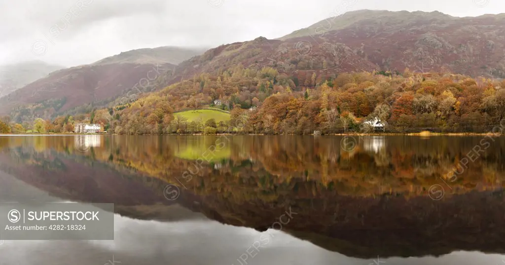 England, Cumbria, Grasmere. Autumnal colours on the surrounding hillside reflected in Grasmere lake in the Lake District.
