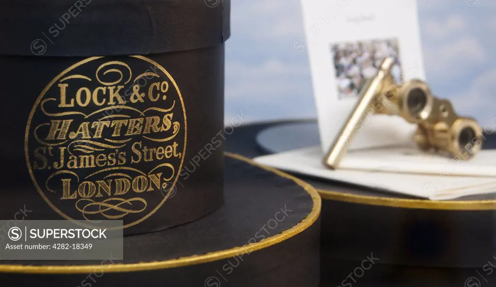 England, London, St James's. Window display of James Lock & Co., Ltd, a family business established in 1676 providing ladies' and men's quality hats and caps.