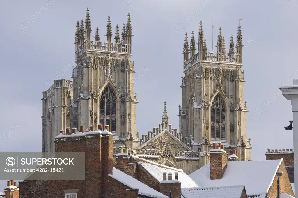 England, North Yorkshire, York. The West towers of York MInster, built between 1220 and 1472. The Minster is the largest gothic cathedral in northern Europe.