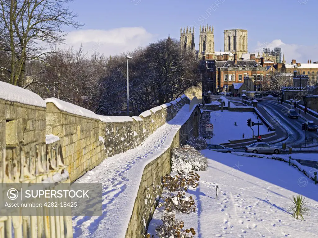 England, North Yorkshire, York. York Minster in winter time from the City walls.
