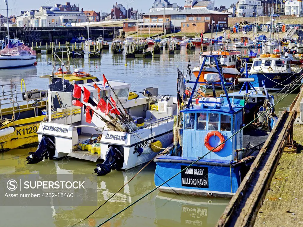 England, East Riding of Yorkshire, Bridlington. Fishing boats moored in Bridlington Harbour.