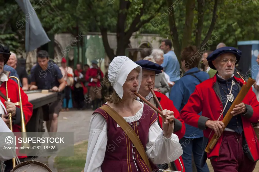 England, North Yorkshire, York. Performers at York Mystery Plays, a Middle English cycle of forty-eight mystery plays, or pageants, which cover sacred history from the creation to the Last Judgement, in Deans Park.