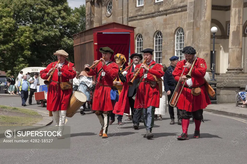 England, North Yorkshire, York. York Waits performing at the York Mystery Plays, a Middle English cycle of forty-eight mystery plays, or pageants, which cover sacred history from the creation to the Last Judgement.