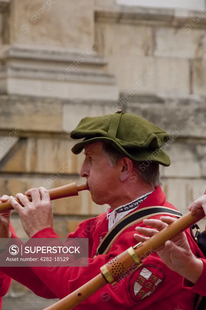 England, North Yorkshire, York. A member of the York Waits performing at the York Mystery Plays, a Middle English cycle of forty-eight mystery plays, or pageants, which cover sacred history from the creation to the Last Judgement.