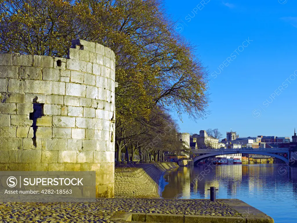 England, North Yorkshire, York. The remains of a tower, part of the Marygate walls on the North bank of the River Ouse.