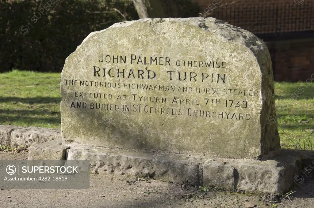 England, North Yorkshire, York. John Palmer grave alias Dick Turpin. The highwayman was hanged at Tyburn York on 7 April 1739. He was buried in lime along with his horse Black Bess.
