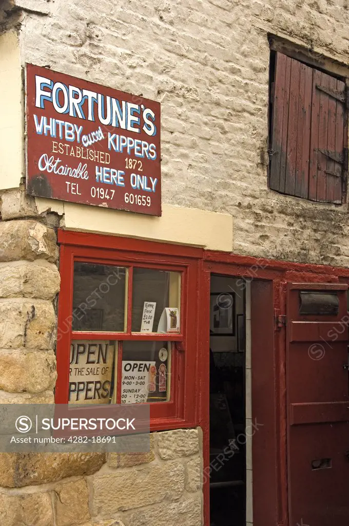 England, North Yorkshire, Whitby. Fortune's Whitby cured Kipper shop.