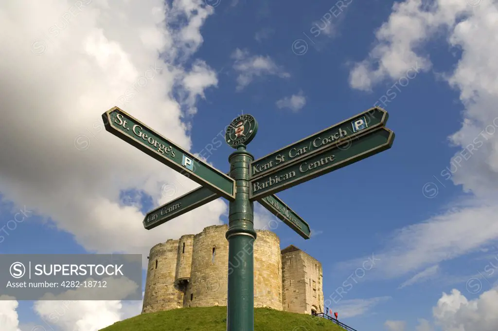 England, North Yorkshire, York. City of York tourist direction signpost outside Cliffords Tower.