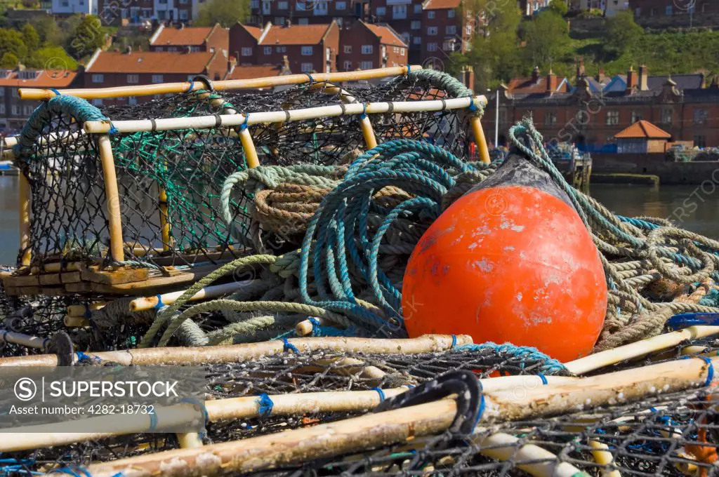 England, North Yorkshire, Whitby. Crab and Lobster pots on the Whitby quayside.