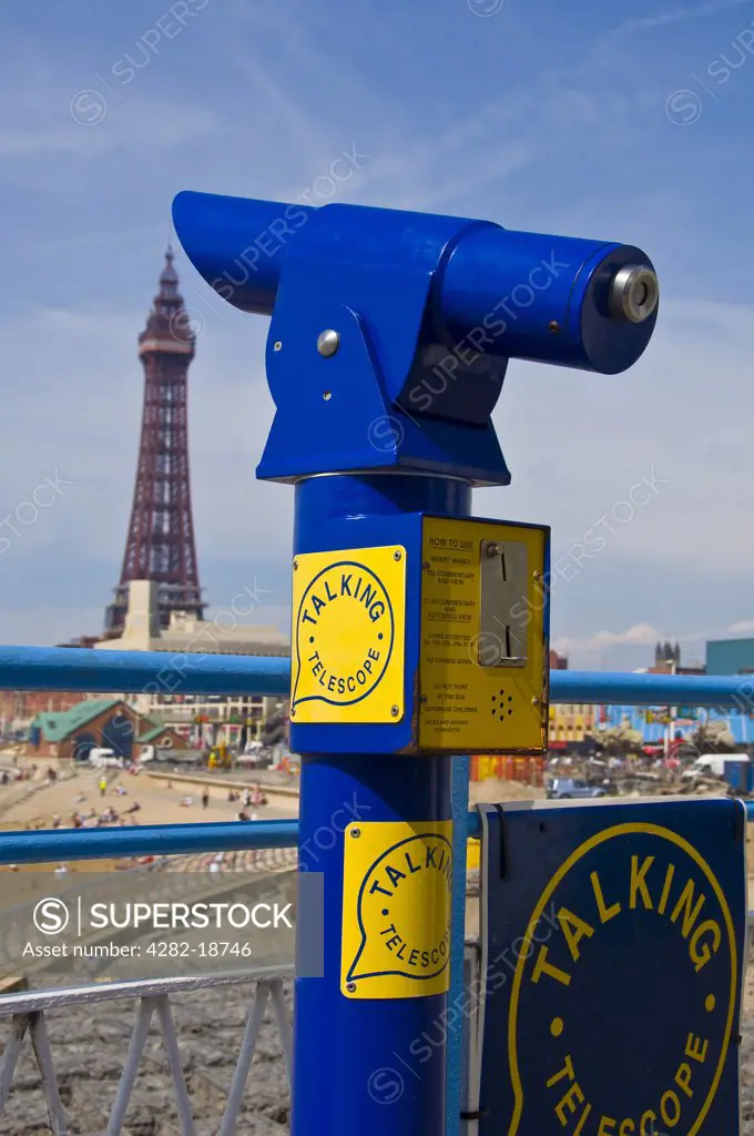 England, Lancashire, Blackpool. A talking telescope on the seafront from which great views of the Blackpool tower can be enjoyed.