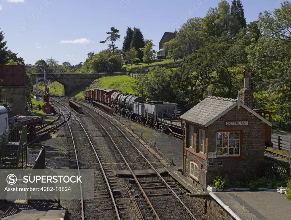 England, North Yorkshire, Goathland. Goods wagons in sidings at Goathland railway station, a preserved steam railway on the North Yorkshire Moors Railway.