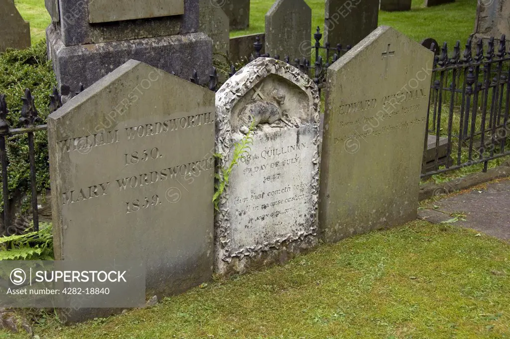 England, Cumbria, Grasmere. The grave of William and Mary Wordsworth next to Dora and Edward Quillinan in St Oswalds churchyard.