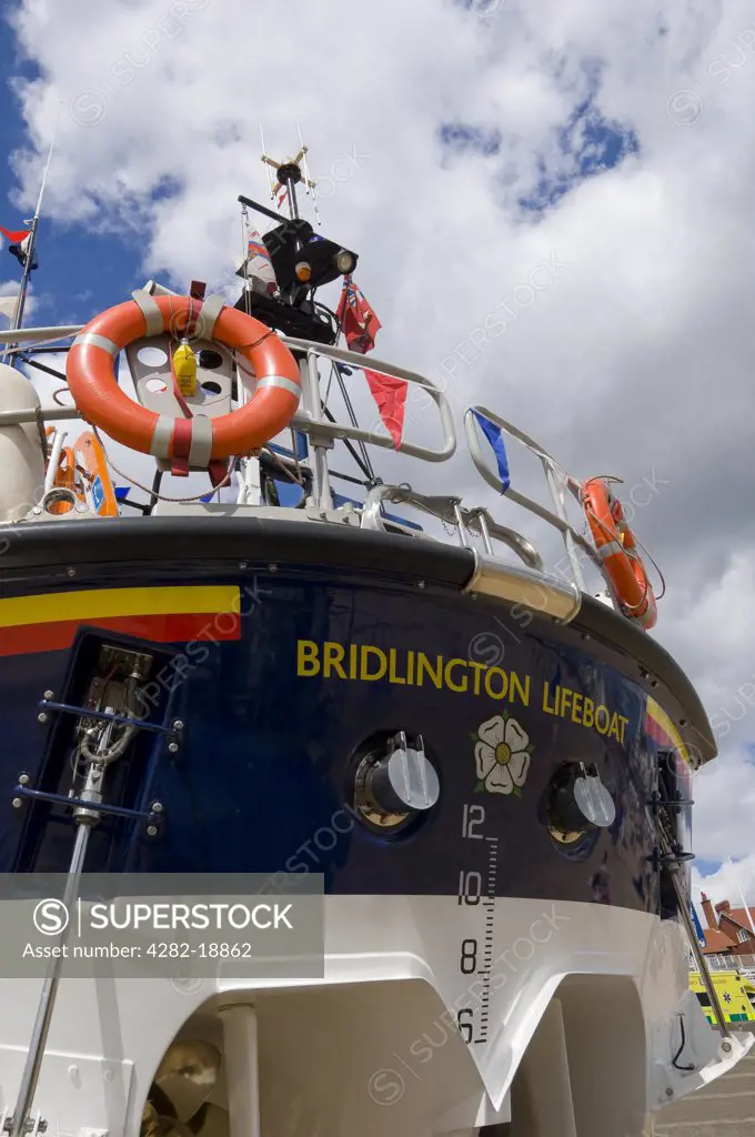 England, East Riding of Yorkshire, Bridlington. Close up of the stern of the Bridlington RNLI lifeboat 'Marine Engineer'.