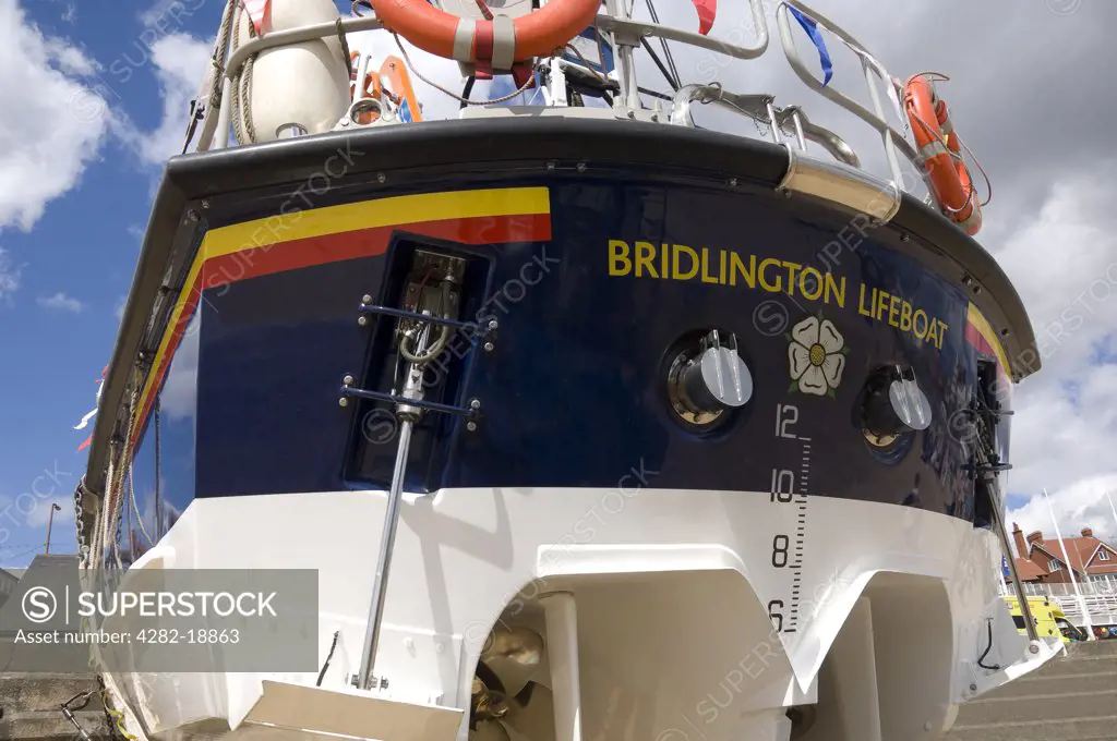 England, East Riding of Yorkshire, Bridlington. Close up of the stern of the Bridlington RNLI lifeboat 'Marine Engineer'.