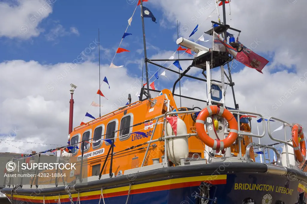 England, East Riding of Yorkshire, Bridlington. Close up of the Bridlington RNLI lifeboat 'Marine Engineer'.