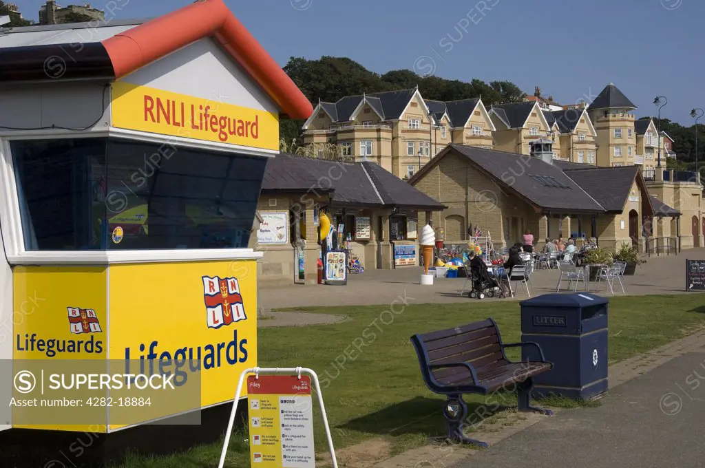 England, North Yorkshire, Filey. RNLI Lifeguard station on the promenade at Filey.