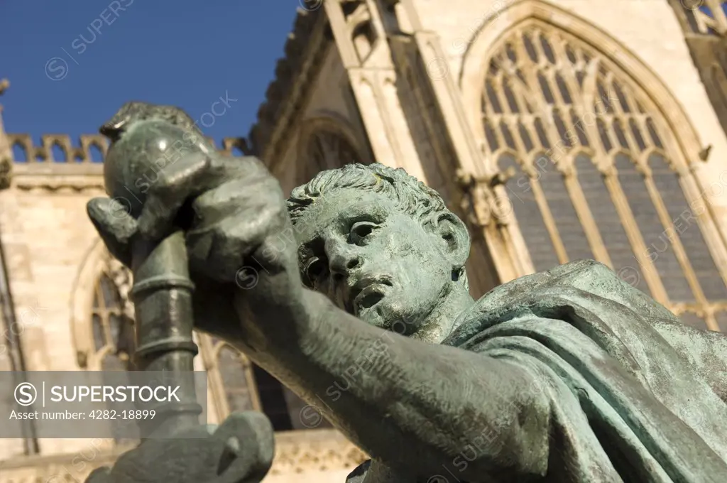 England, North Yorkshire, York. Constantine the Great bronze statue outside the South Transept of York Minster