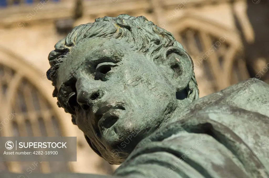 England, North Yorkshire, York. Detail of Constantine the Great bronze statue outside the South Transept of York Minster