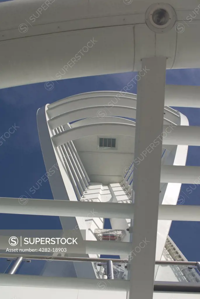 England, Hampshire, Portsmouth. Looking up at the superstructure of the Spinnaker Tower. The glass floor upon which people can stand is visible.