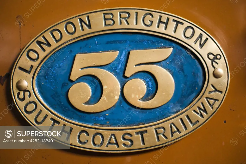 England, East Sussex, Horsted Keynes. A close up of a 55 south coast railway sign from a train at Horsted Keynes Railway Station in East Sussex.