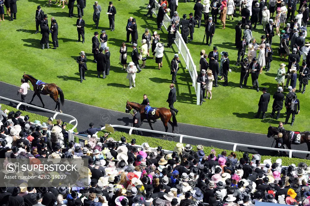England, Berkshire, Ascot. Overhead view of crowds around the parade ring during day one of Royal Ascot 2010.