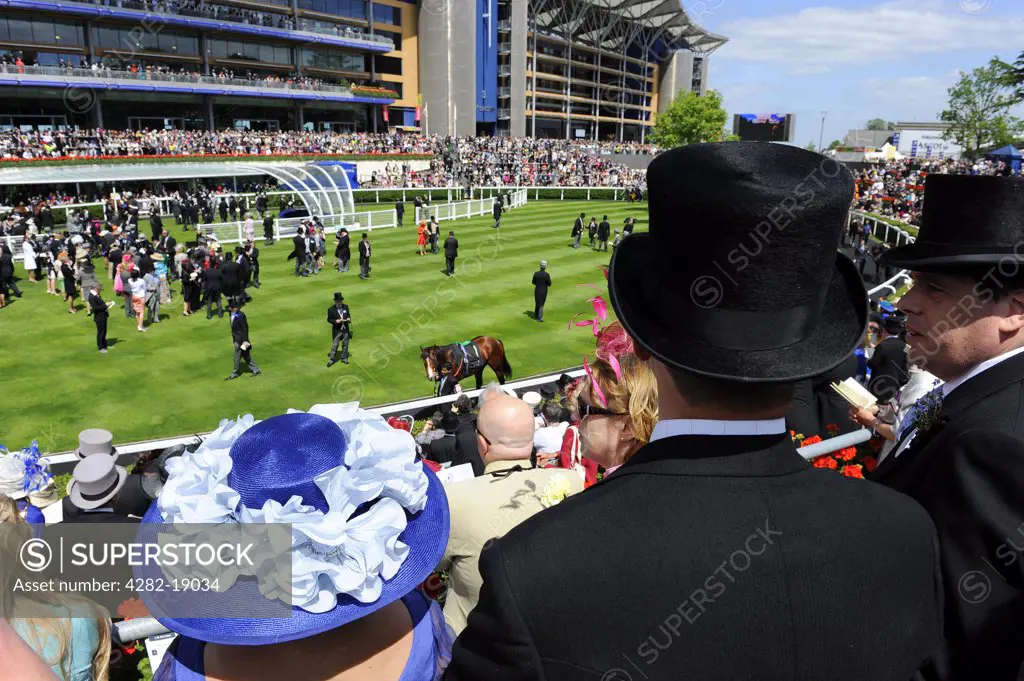 England, Berkshire, Ascot. Horses parading in the parade ring before smartly dressed spectators during day one of Royal Ascot 2010.