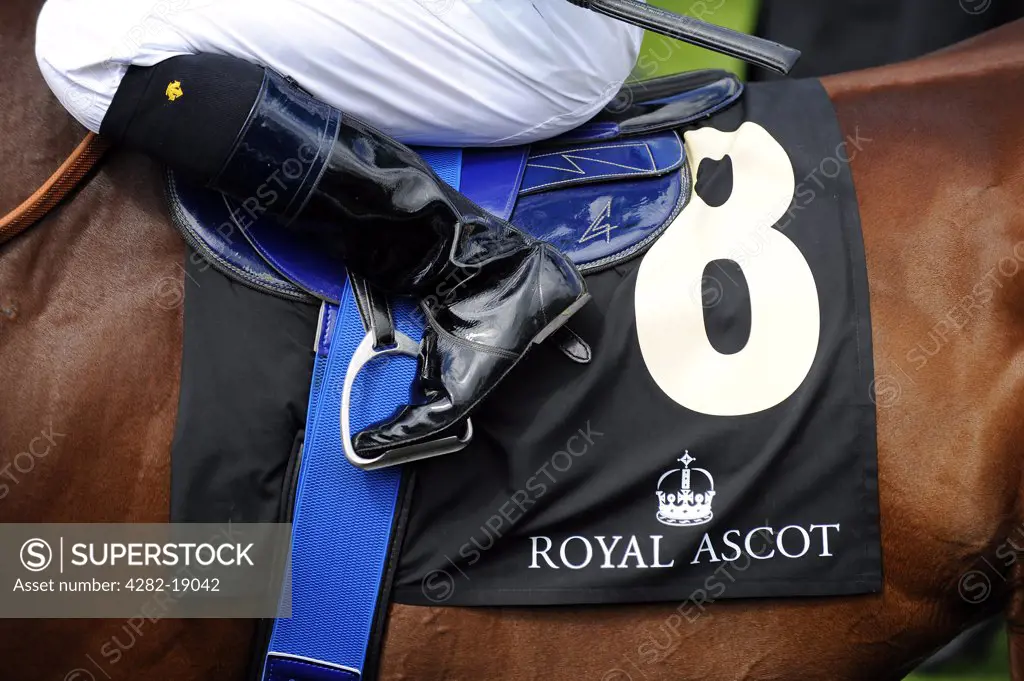 England, Berkshire, Ascot. Detail of a jockey's boots and saddle cloth mounted on a race horse during day one of Royal Ascot 2010.