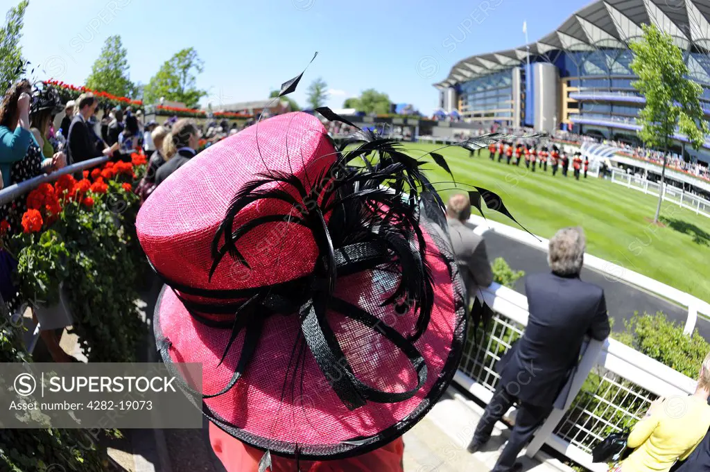 England, Berkshire, Ascot. An elaborate hat worn by a woman attending day two of Royal Ascot 2010.