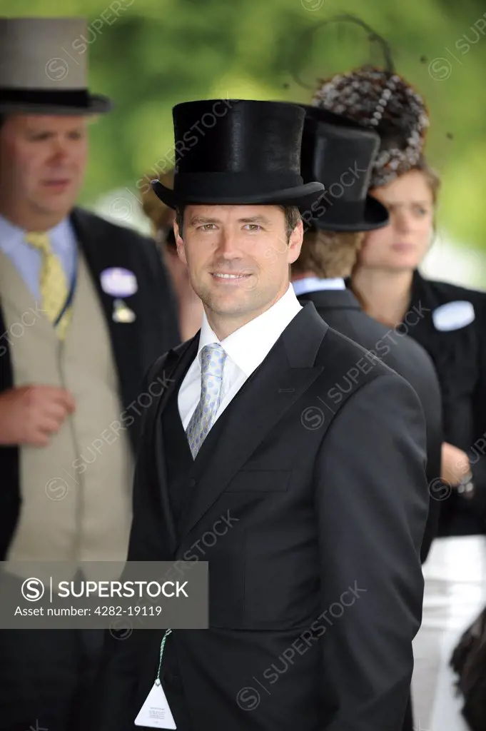 England, Berkshire, Ascot. Michael Owen wearing a top hat and morning suit on day one of Royal Ascot.
