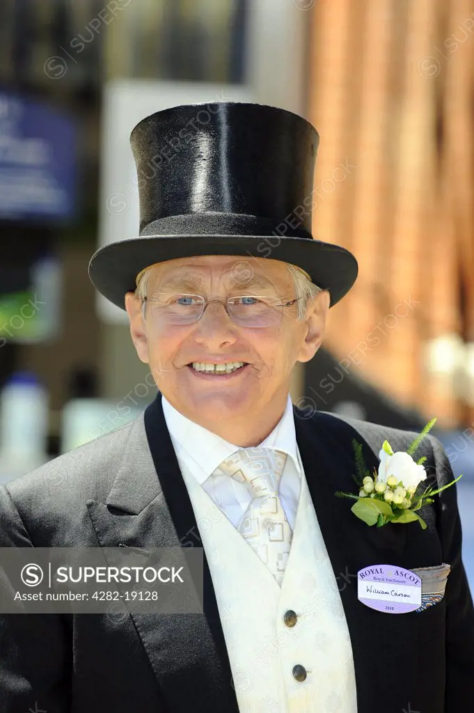 England, Berkshire, Ascot. Willie Carson wearing a top hat and morning suit at day two of Royal Ascot 2010.