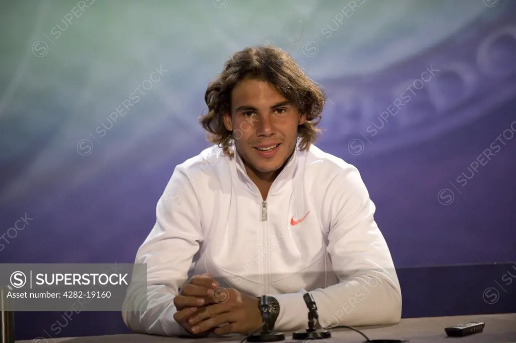 England, London, Wimbledon. Rafael Nadal (ESP) speaks to the media in a press conference before the Wimbledon Tennis Championships 2010.