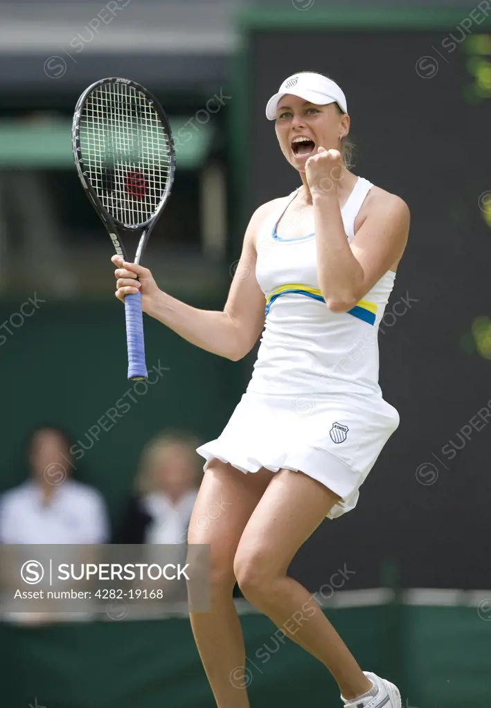 England, London, Wimbledon. Vera Zvonareva (RUS) in action during the Wimbledon Tennis Championships 2010.
