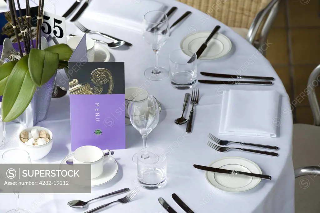 England, London, Wimbledon. A table setting in the members restaurant during the Wimbledon Tennis Championships 2010.
