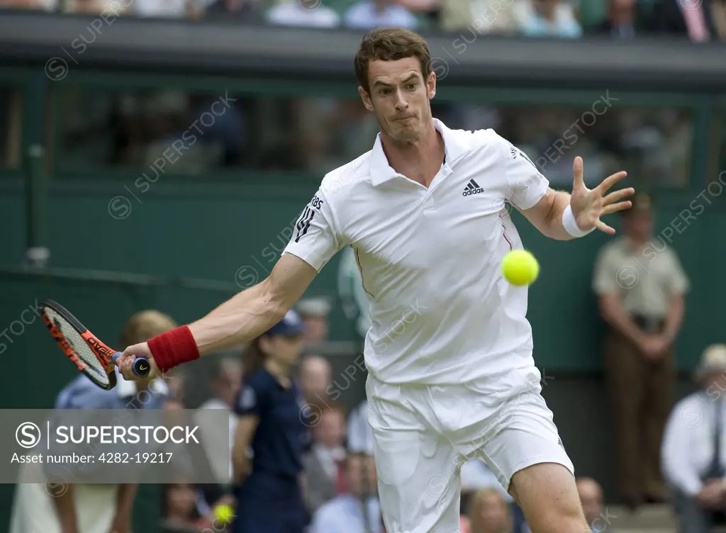 England, London, Wimbledon. Andy Murray (GBR) in action during the Wimbledon Tennis Championships 2010.