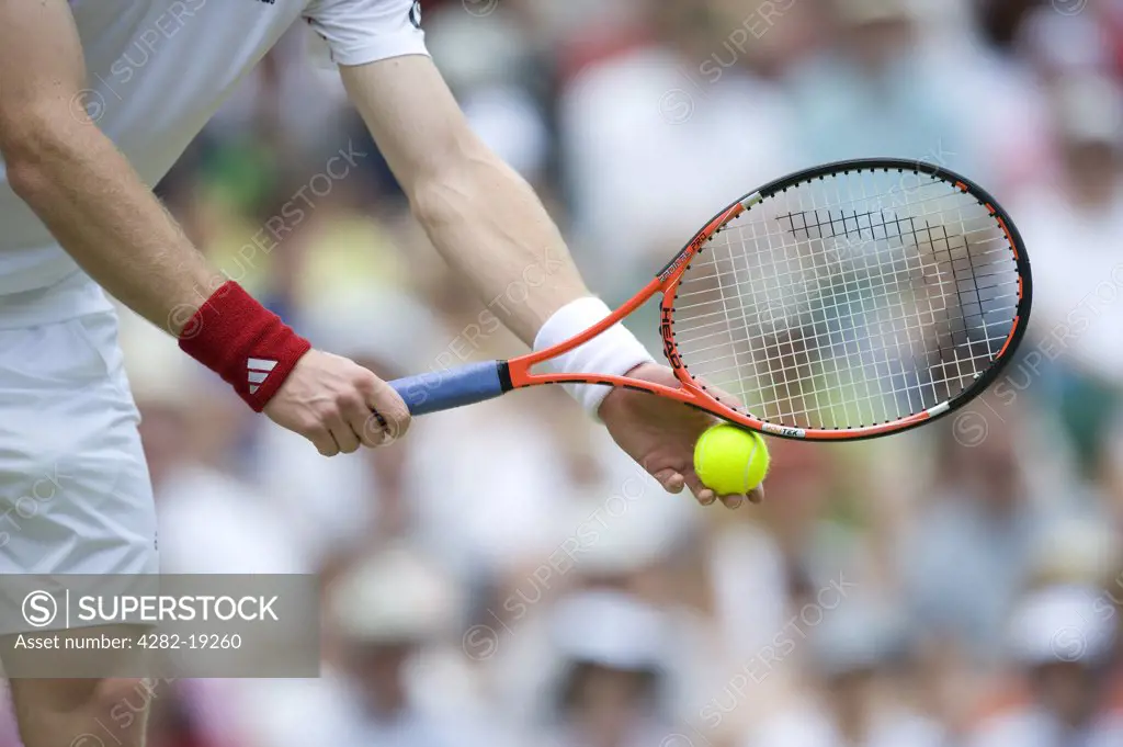 England, London, Wimbledon. Andy Murray preparing to serve in a match at the Wimbledon Tennis Championships 2010.