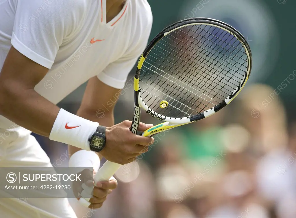 England, London, Wimbledon. Rafael Nadal preparing to receive a serve during the Wimbledon Tennis Championships 2010.