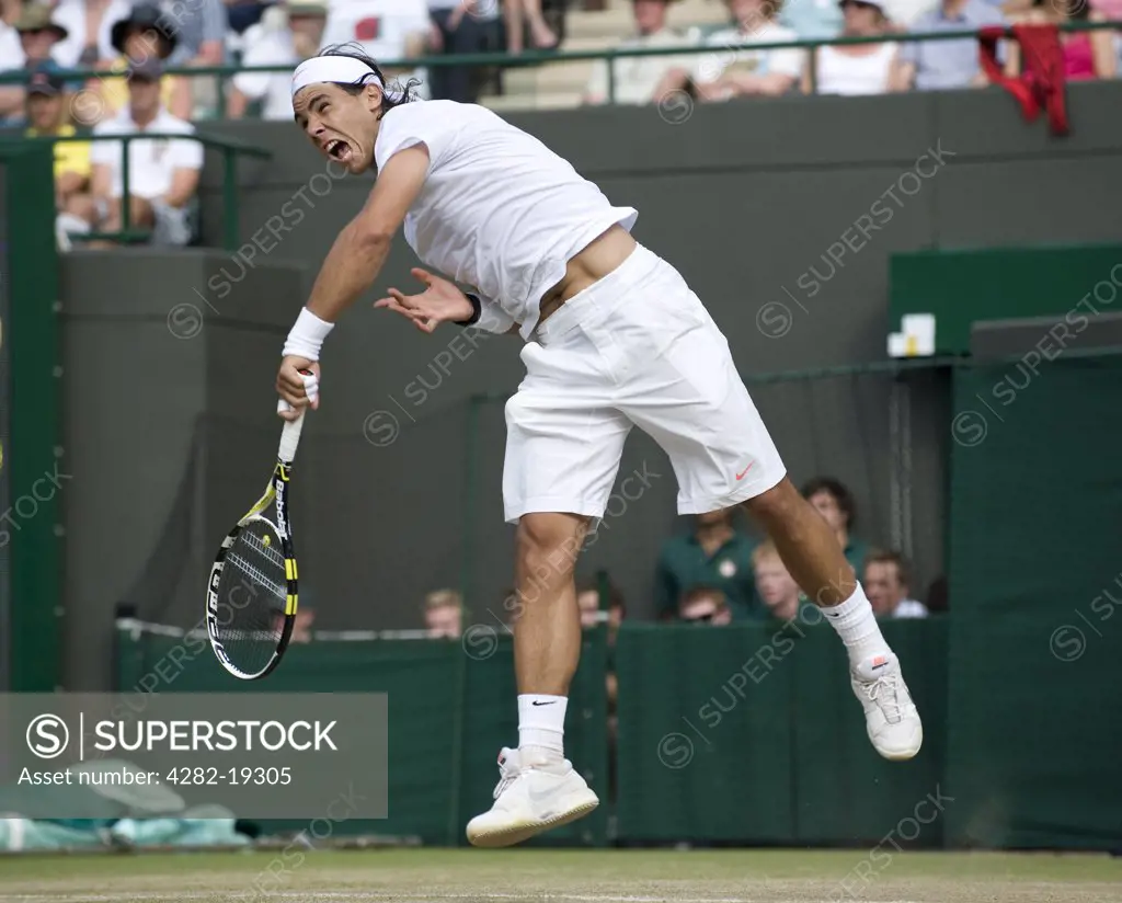 England, London, Wimbledon. Rafael Nadal (ESP) in action during the Wimbledon Tennis Championships 2010.