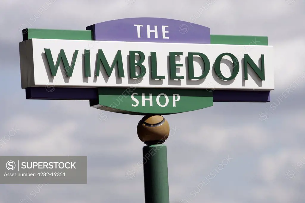 England, London, Wimbledon. Wimbledon shop signage at the Wimbledon Tennis Championships 2008.