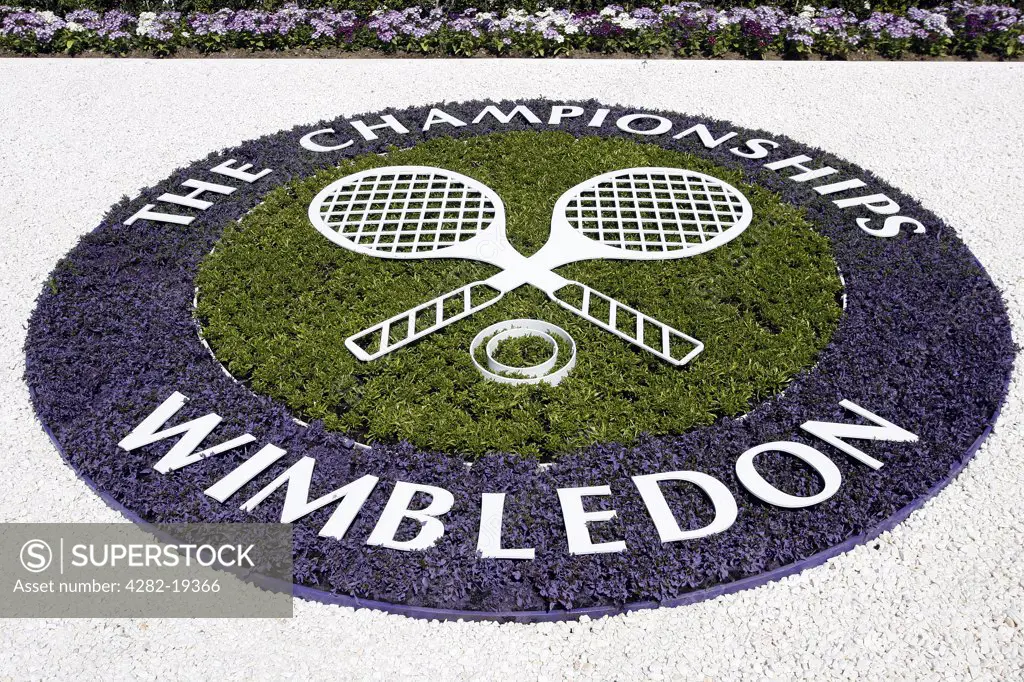England, London, Wimbledon. Wimbledon flower sign at the Wimbledon Tennis Championships 2008.