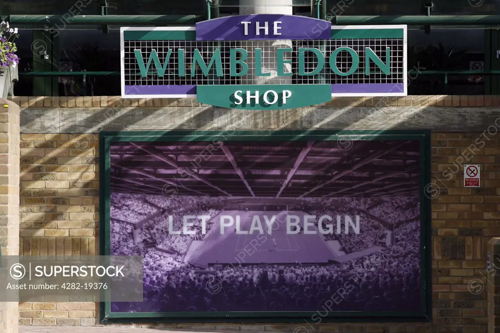 England, London, Wimbledon. Wimbledon shop sign at the Wimbledon Tennis Championships 2008.