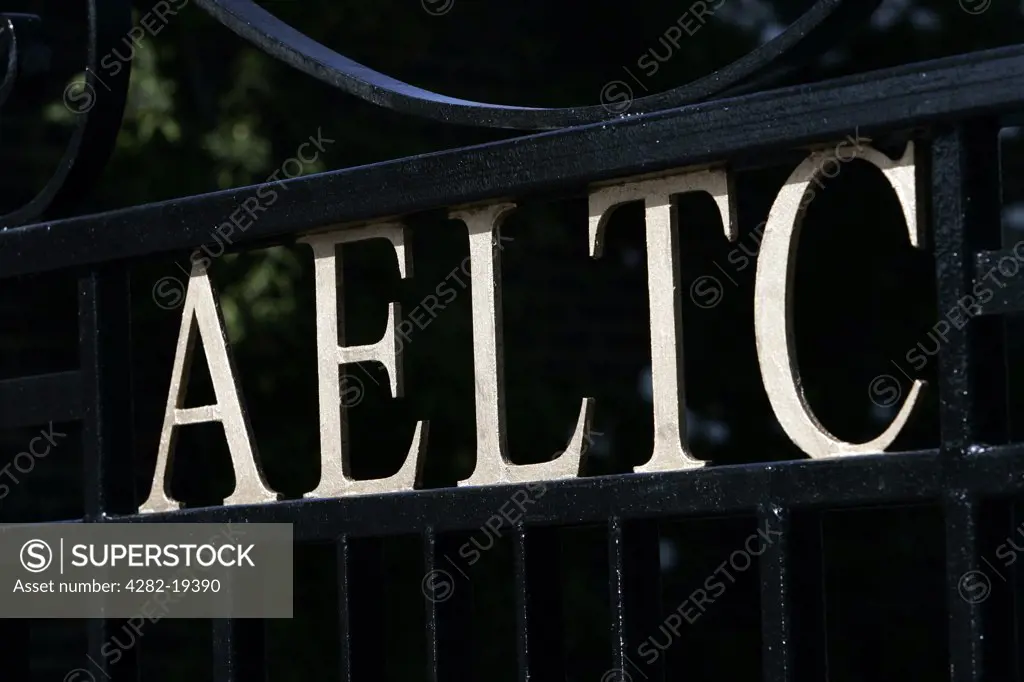 England, London, Wimbledon. An AELTC sign on entrance gates to the grounds at the Wimbledon Tennis Championships 2008.