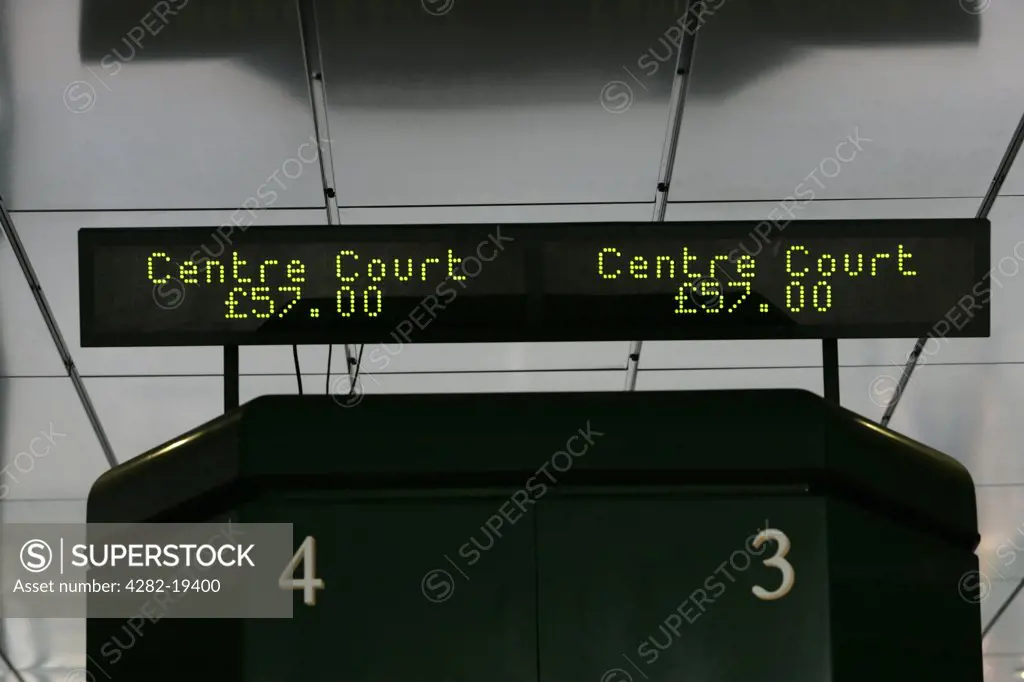 England, London, Wimbledon. Admission price signs for centre court above the turnstiles at the Wimbledon Tennis Championships 2008.