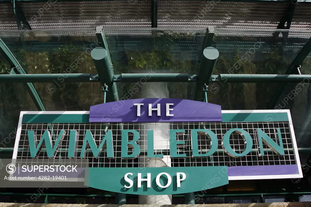 England, London, Wimbledon. The Wimbledon Shop sign at the Wimbledon Tennis Championships 2008.