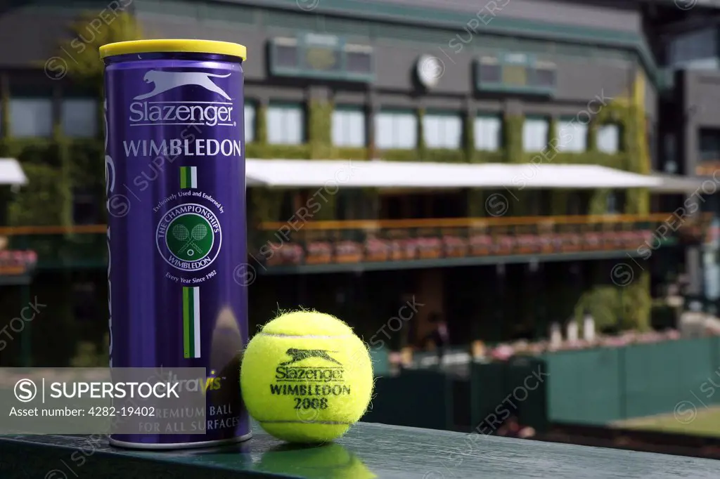England, London, Wimbledon. Can of Official Slazenger tennis balls and a single 2008 ball at the Wimbledon Tennis Championships 2008.