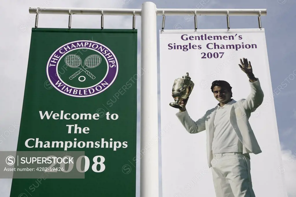 England, London, Wimbledon. Wimbledon 2008 signage outside the grounds at the Wimbledon Tennis Championships 2008.