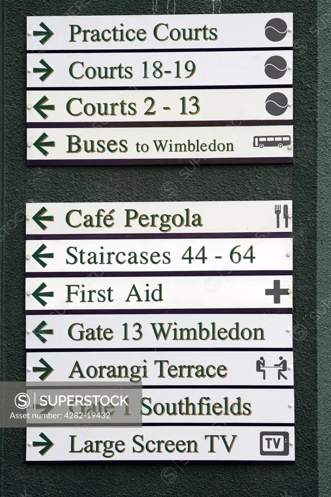 England, London, Wimbledon. Direction signs at the Wimbledon Tennis Championships 2008.