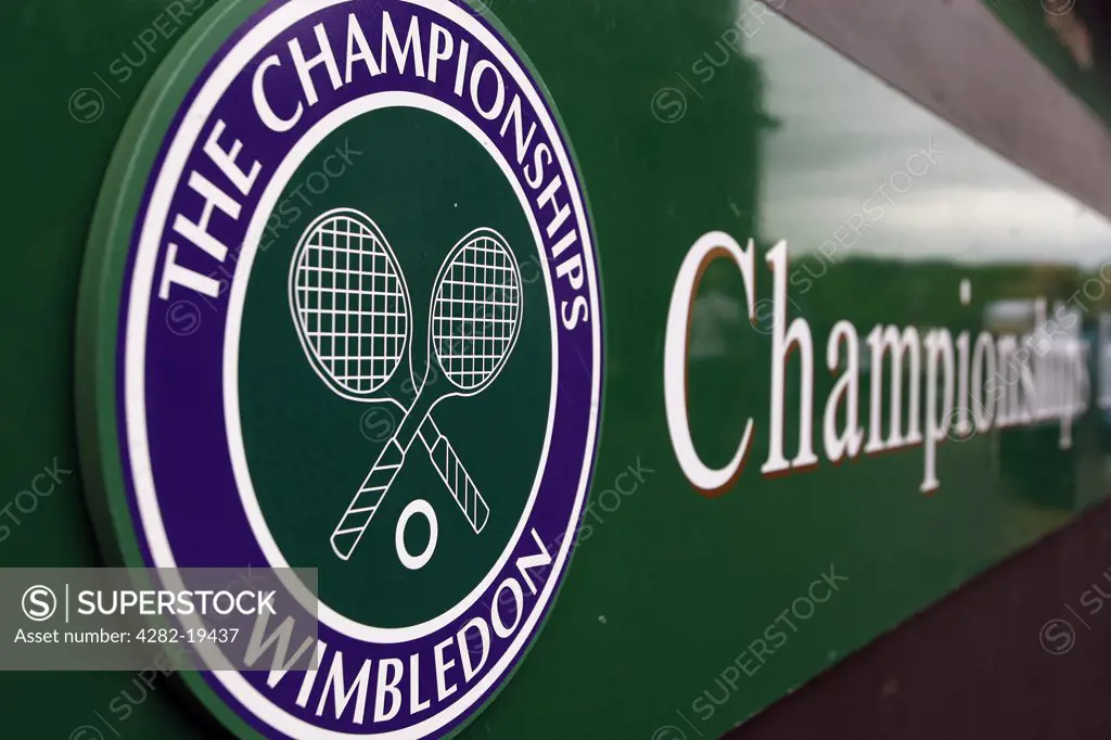 England, London, Wimbledon. A Wimbledon sign at the Wimbledon Tennis Championships 2008.